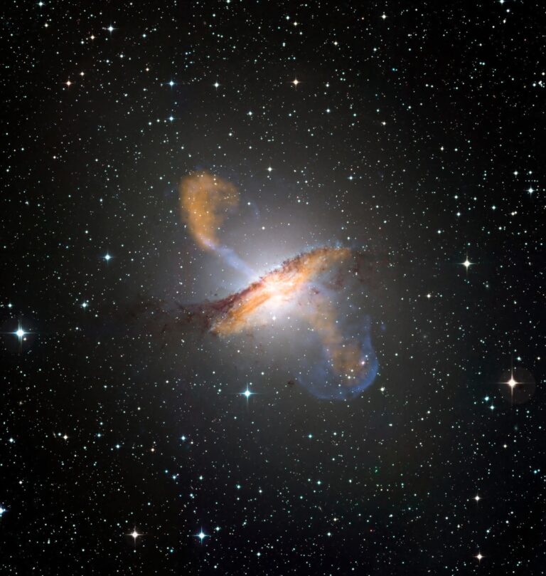 Centaurus A (NGC 5128) multi-wavelength image: APEX submillimeter, Chandra X-ray jets, ESO visible stars, and dust lane.