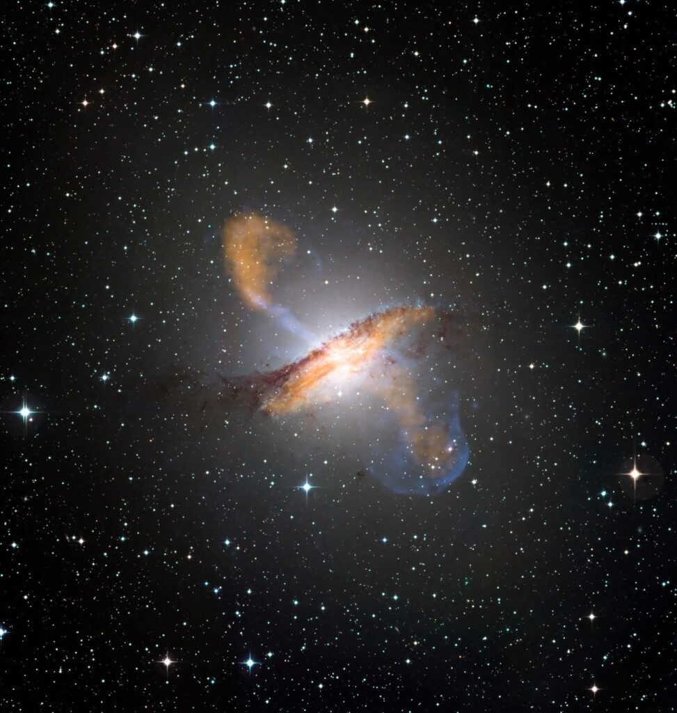 Centaurus A (NGC 5128) multi-wavelength image: APEX submillimeter, Chandra X-ray jets, ESO visible stars, and dust lane.
