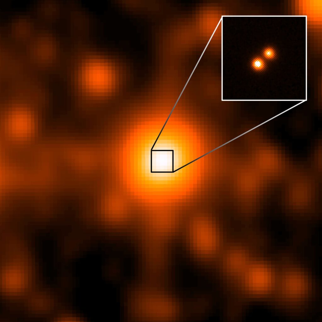 Infrared WISE telescope image of Luhman 16, the closest binary brown dwarf system to Earth, with Gemini inset resolving both components.


