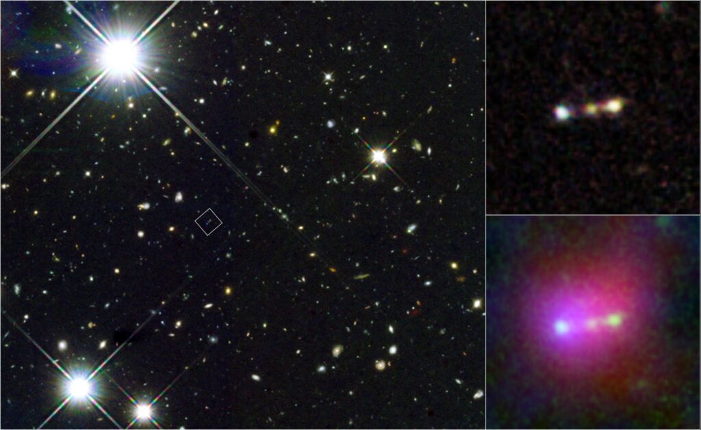 Three-panel astronomical composite showing the Himiko gas cloud at redshift 6.6: wide-field Subaru view with location marked by a white box, Hubble close-up of three bright merging galaxies, and Hubble-Subaru-Spitzer multi-wavelength image revealing a pink Lyman-alpha halo around the system.

