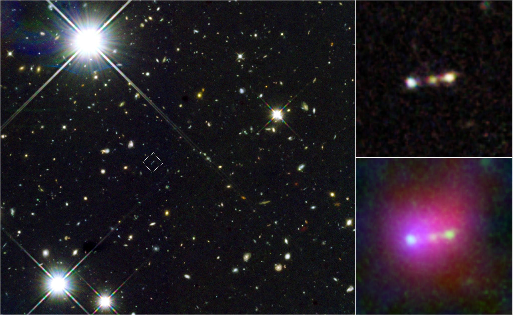 Three-panel astronomical composite showing the Himiko gas cloud at redshift 6.6: wide-field Subaru view with location marked by a white box, Hubble close-up of three bright merging galaxies, and Hubble-Subaru-Spitzer multi-wavelength image revealing a pink Lyman-alpha halo around the system.