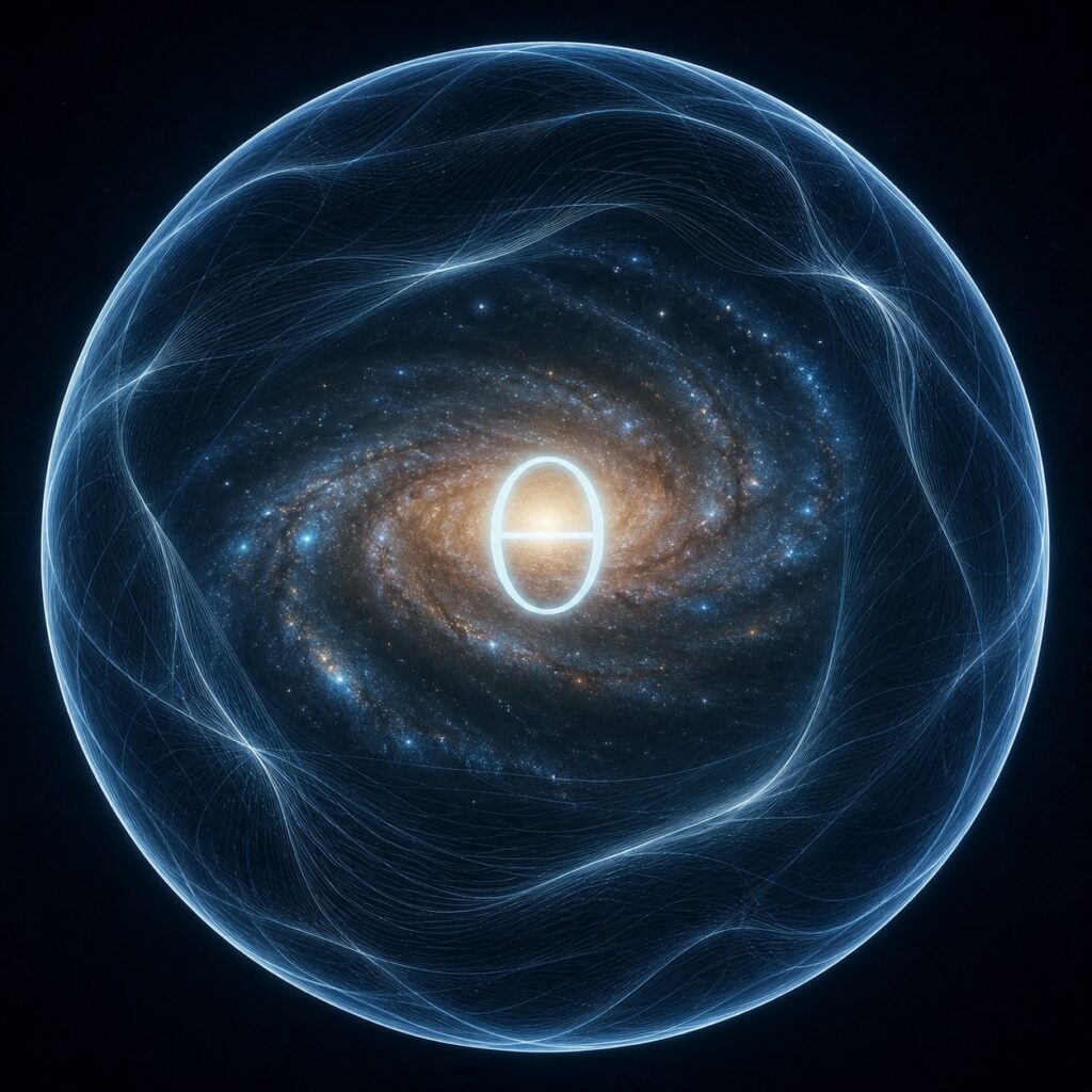 Luminous spiral galaxy wrapped in a glowing sphere of phase-field lines with the Greek letter Theta at its core, symbolizing constraints in fundamental physics.

