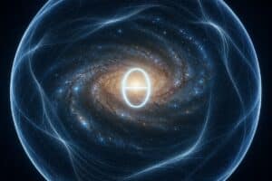 Luminous spiral galaxy wrapped in a glowing sphere of phase-field lines with the Greek letter Theta at its core, symbolizing constraints in fundamental physics.