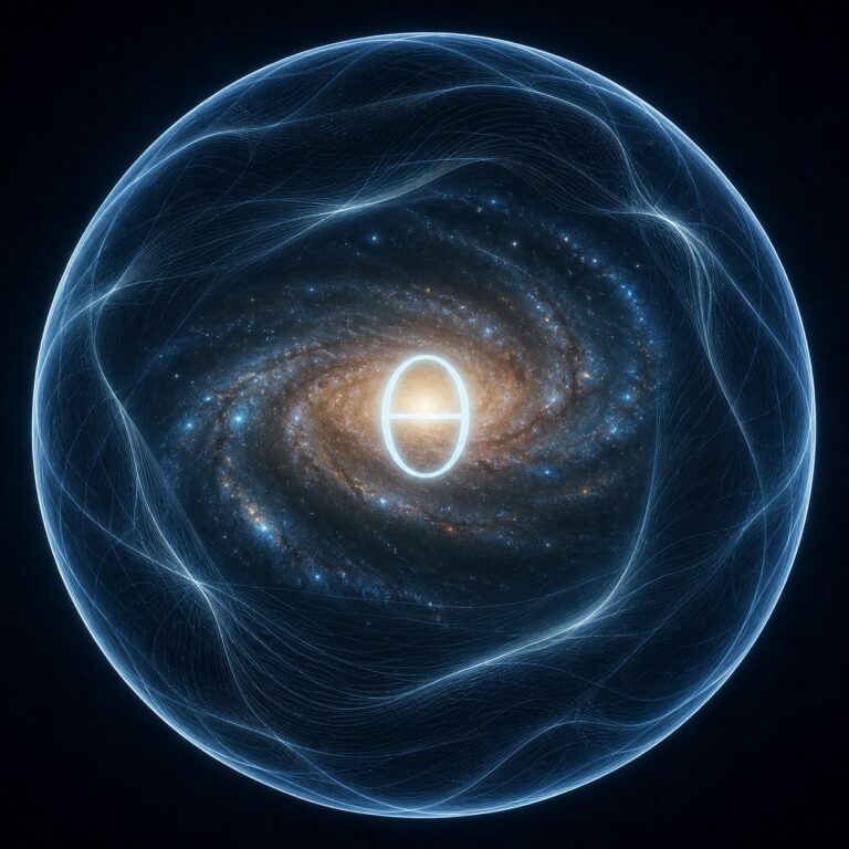 Luminous spiral galaxy wrapped in a glowing sphere of phase-field lines with the Greek letter Theta at its core, symbolizing constraints in fundamental physics.