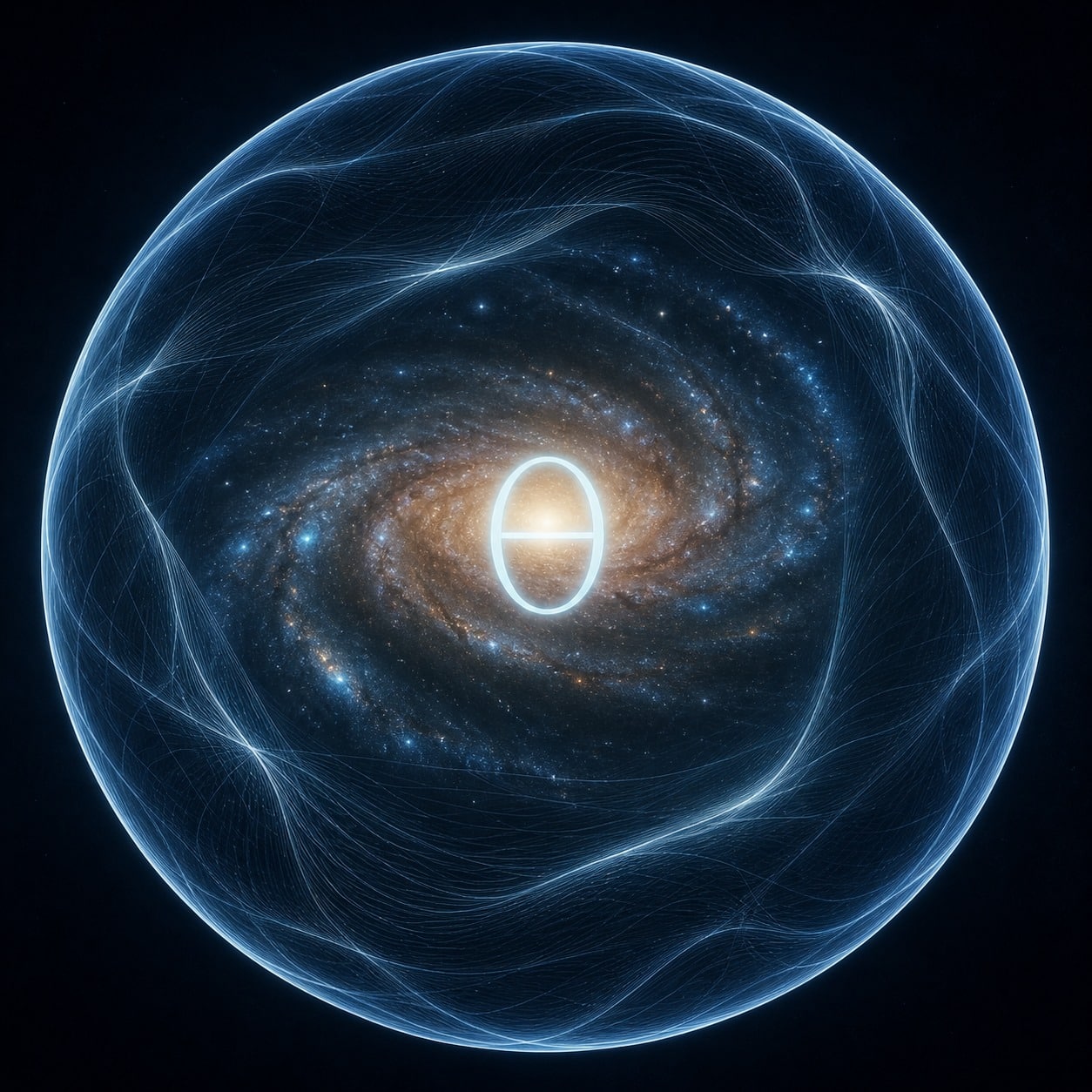Luminous spiral galaxy wrapped in a glowing sphere of phase-field lines with the Greek letter Theta at its core, symbolizing constraints in fundamental physics.