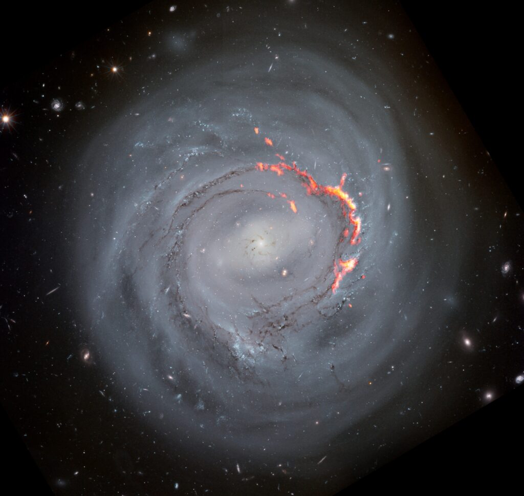 NGC 4921 boomerang effect: composite Hubble and ALMA image showing molecular gas filaments stripped and returning to the galaxy