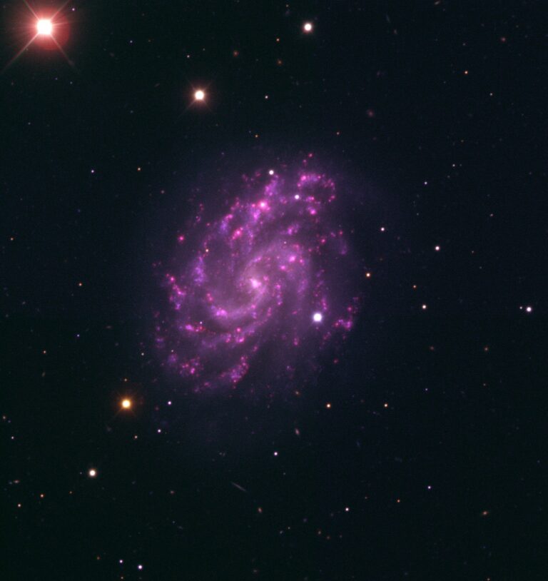 NGC 5584 barred spiral galaxy in Virgo with purple star-forming arms and bright foreground stars