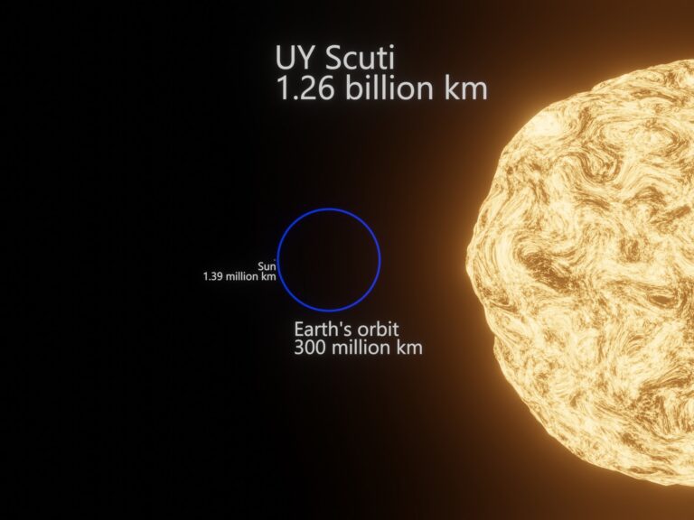 Scale comparison of UY Scuti hypergiant (1.26 billion km) dwarfing Earth's orbit (300 million km) and the Sun (1.39 million km).