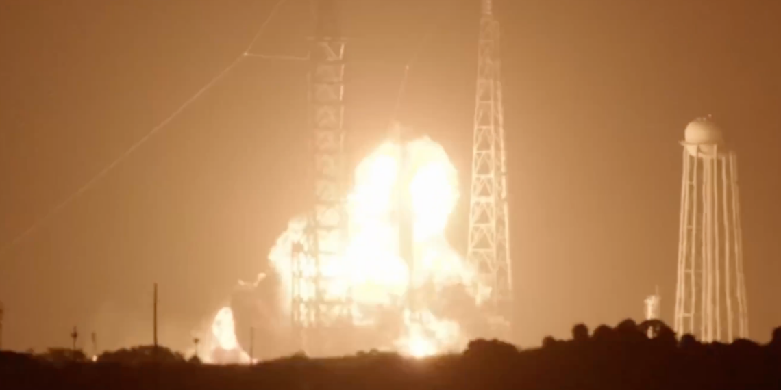 Blue Origin New Glenn booster fireball during failed static fire test at Cape Canaveral LC-36A launch pad, May 2026