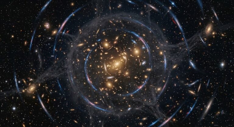Galaxy cluster bending light into blue arcs, revealing dark matter through gravitational lensing