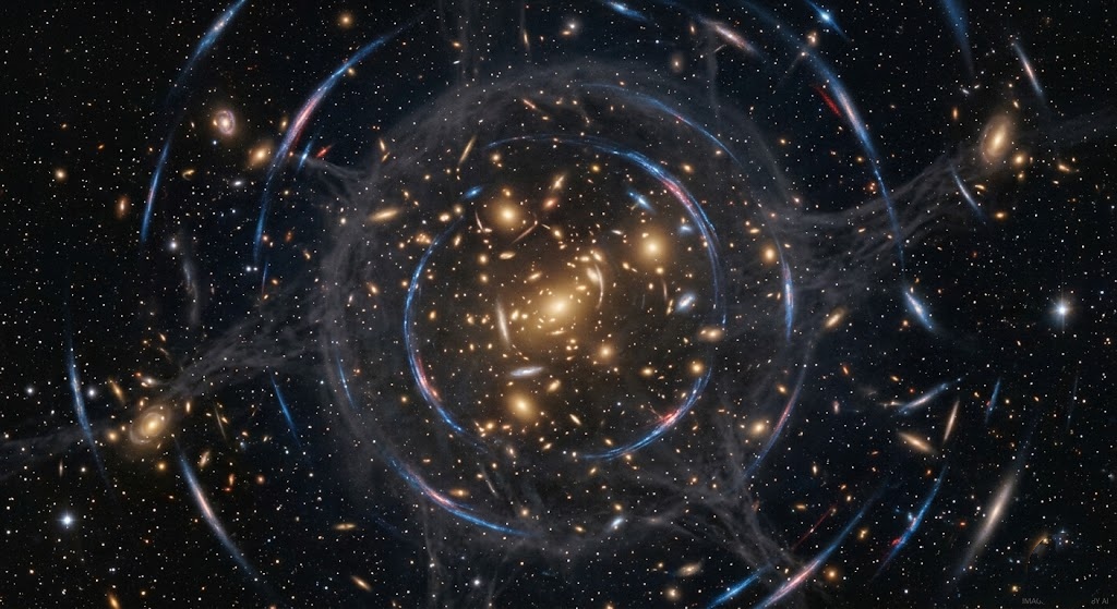 Galaxy cluster bending light into blue arcs, revealing dark matter through gravitational lensing