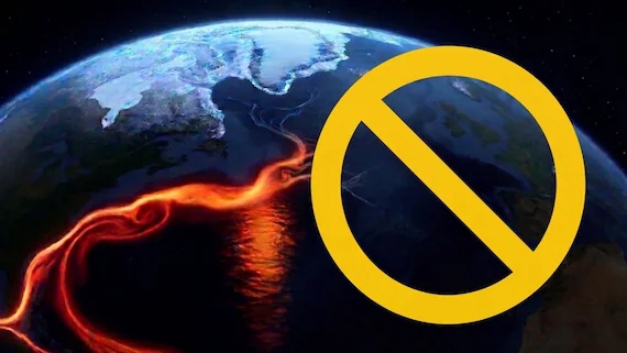 Earth from space showing the AMOC Atlantic currents in glowing red across the North Atlantic, with a yellow prohibition sign overlay symbolising the risk of collapse.