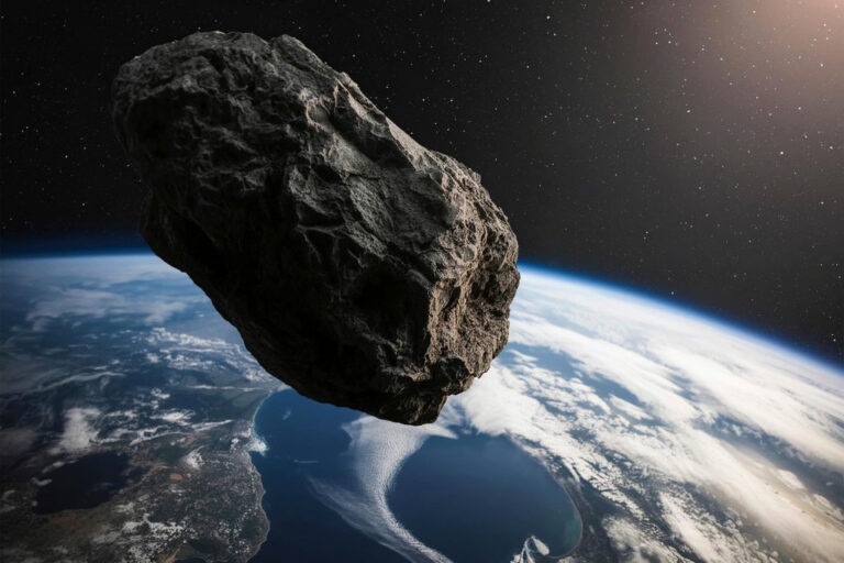 Near-Earth asteroid Kamo'oalewa, a quasi-satellite with suspected lunar origin, drifting toward Earth in deep space.