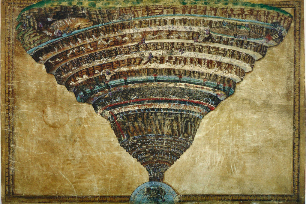 Sandro Botticelli's funnel-shaped Map of Hell showing Dante's nine concentric circles descending to Earth's core, reinterpreted as an asteroid impact crater.