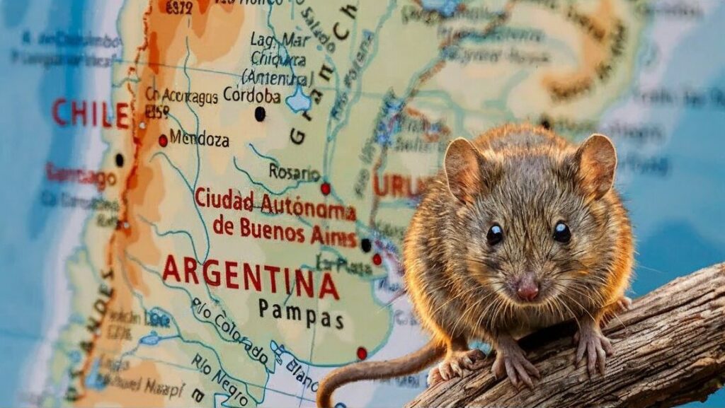 Long-tailed pygmy rice rat, carrier of Andes hantavirus, on a map of Argentina and Chile highlighting Patagonia outbreak zones.
