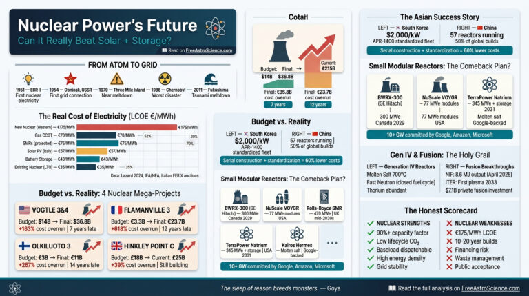 Infographic comparing nuclear power costs (€175/MWh) vs solar (€57/MWh), SMRs, Gen IV reactors and fusion progress in 2026.