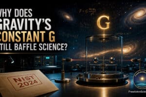 Ultra-realistic cover showing a torsion balance, glowing G, galaxies, and NIST 2024 envelope for the gravitational constant mystery.