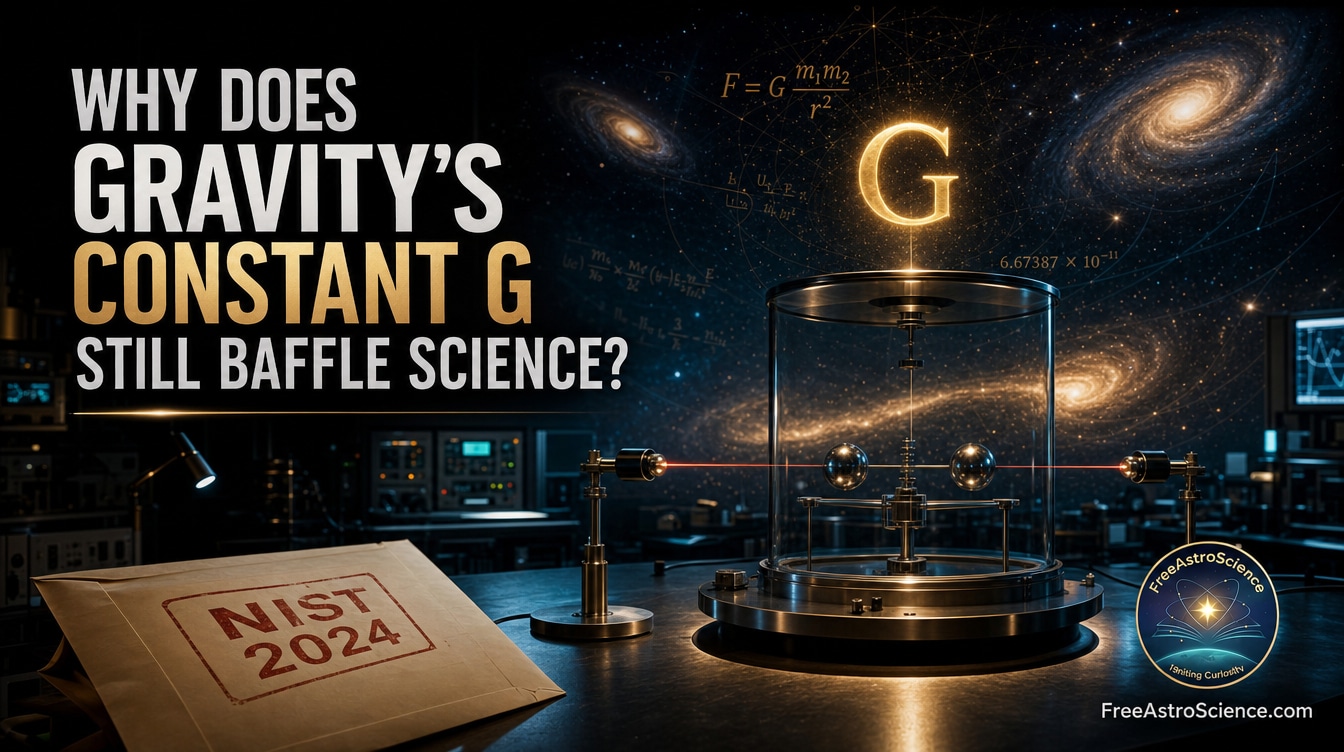 Ultra-realistic cover showing a torsion balance, glowing G, galaxies, and NIST 2024 envelope for the gravitational constant mystery.