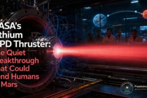 Lithium MPD thruster firing red plasma in a NASA lab, showing electric propulsion for future human missions to Mars