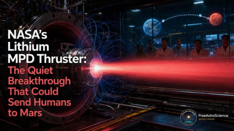 Lithium MPD thruster firing red plasma in a NASA lab, showing electric propulsion for future human missions to Mars