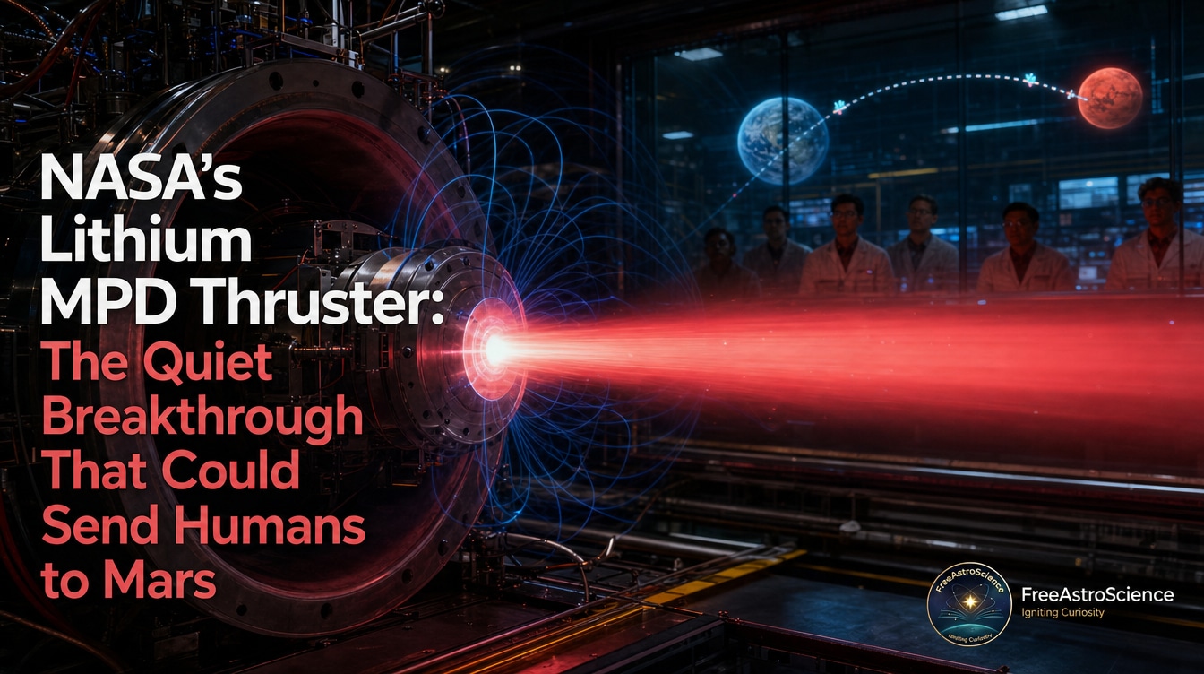 Lithium MPD thruster firing red plasma in a NASA lab, showing electric propulsion for future human missions to Mars