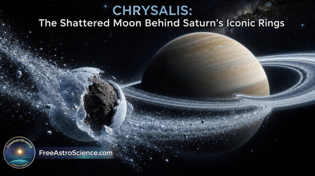 Illustration of moon Chrysalis shattering near Saturn, its icy mantle stripped to form Saturn's iconic rings.
