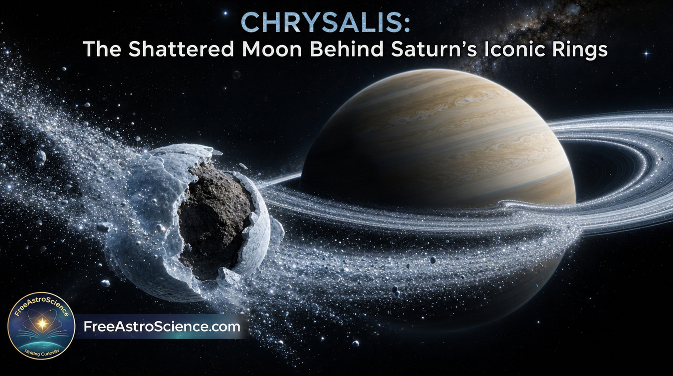 Illustration of moon Chrysalis shattering near Saturn, its icy mantle stripped to form Saturn's iconic rings.