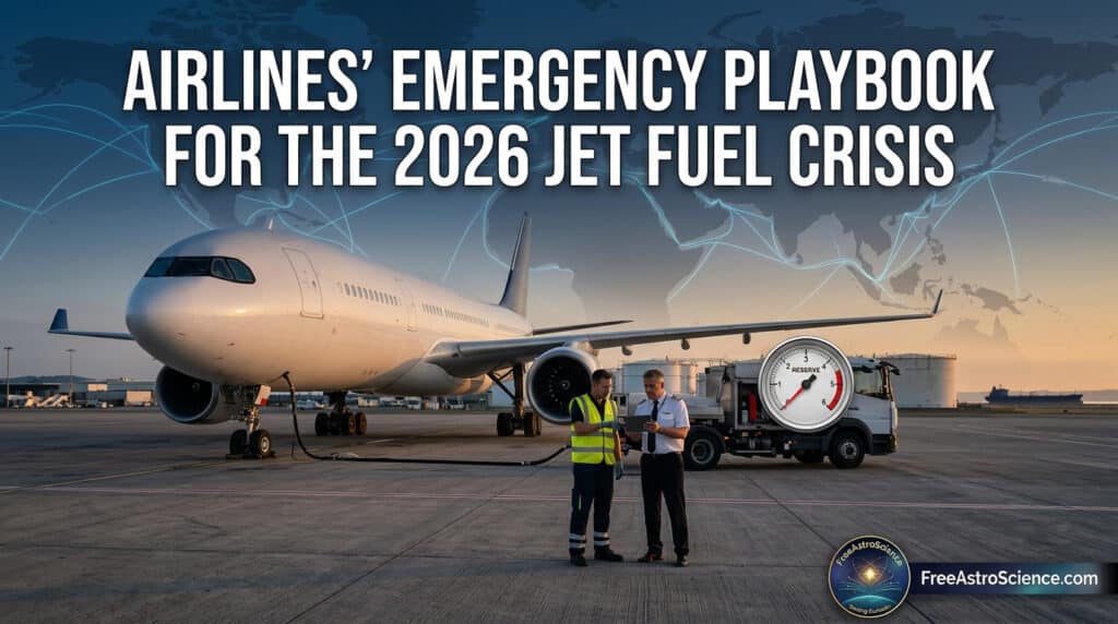 Commercial jet refueling at airport as crew review fuel reserves during the 2026 jet fuel crisis, with global route map overlay.
