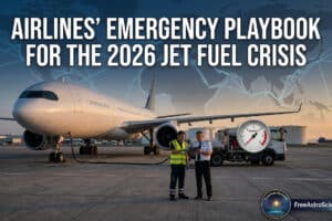 Commercial jet refueling at airport as crew review fuel reserves during the 2026 jet fuel crisis, with global route map overlay.