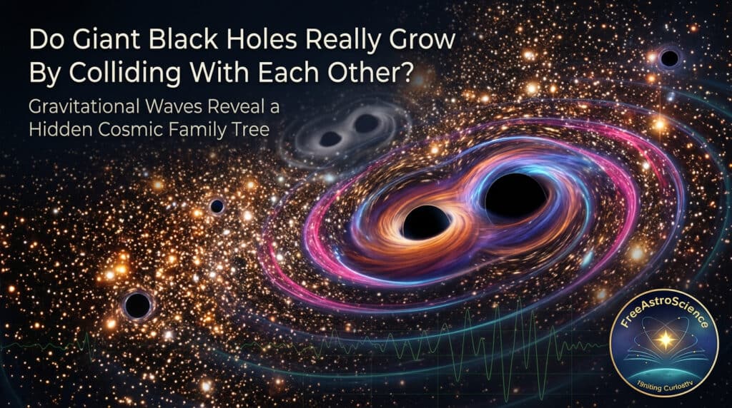 Two massive black holes merging with glowing magenta and orange accretion disks inside a dense globular star cluster, illustrating hierarchical black hole growth revealed by LIGO gravitational wave data.
