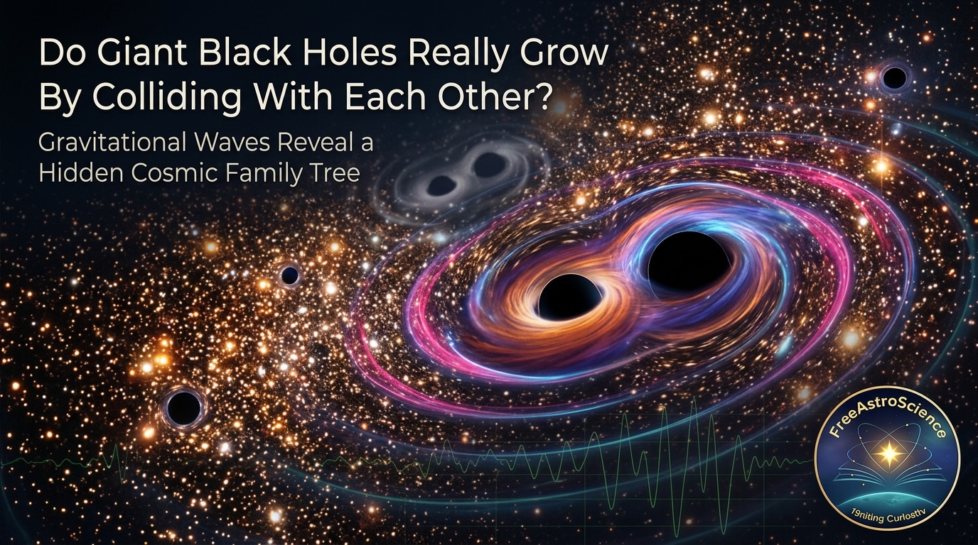 Two massive black holes merging with glowing magenta and orange accretion disks inside a dense globular star cluster, illustrating hierarchical black hole growth revealed by LIGO gravitational wave data.