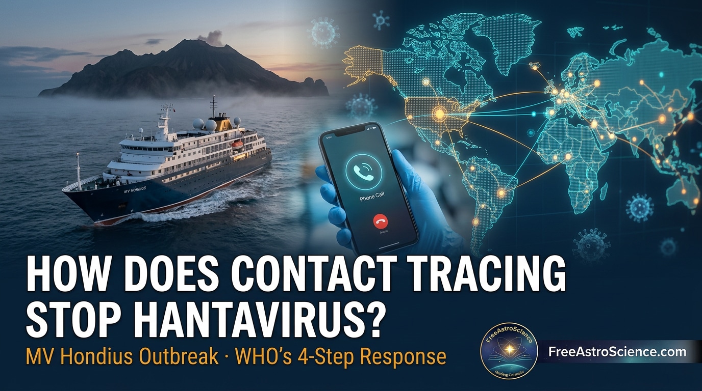Expedition cruise ship MV Hondius near volcanic island beside a global contact tracing network map showing hantavirus outbreak response.