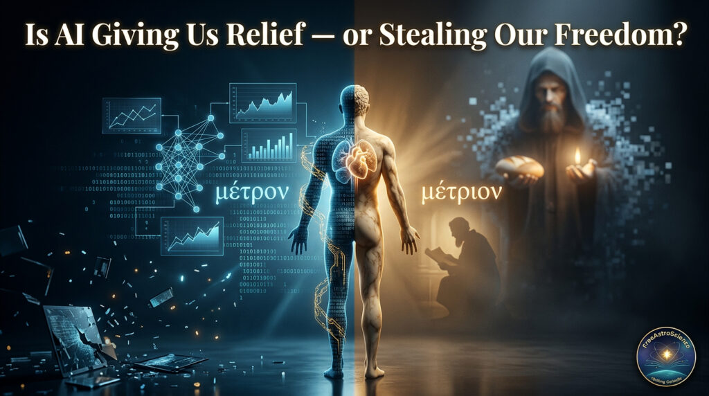 Split human figure showing AI data on left and golden human conscience on right, symbolizing métron vs métrion and freedom.
