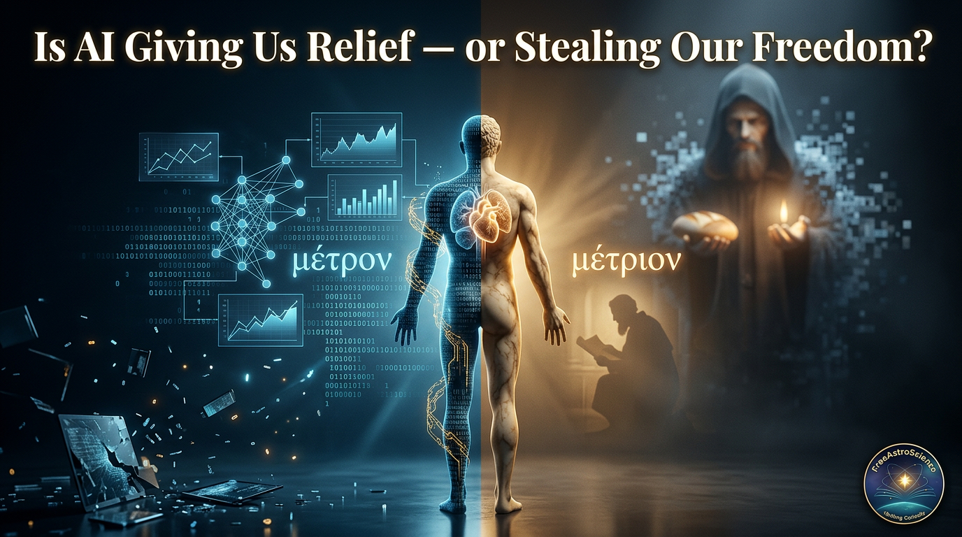 Split human figure showing AI data on left and golden human conscience on right, symbolizing métron vs métrion and freedom.
