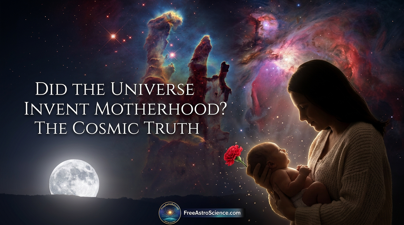 A mother cradles her newborn baby while holding a red carnation, silhouetted against the cosmic Pillars of Creation nebula and a glowing full moon, illustrating the science of motherhood for Mother's Day.