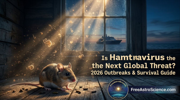 Deer mouse and hantavirus particles in rustic cabin with cruise ship at dusk, 2026 outbreak cover image.