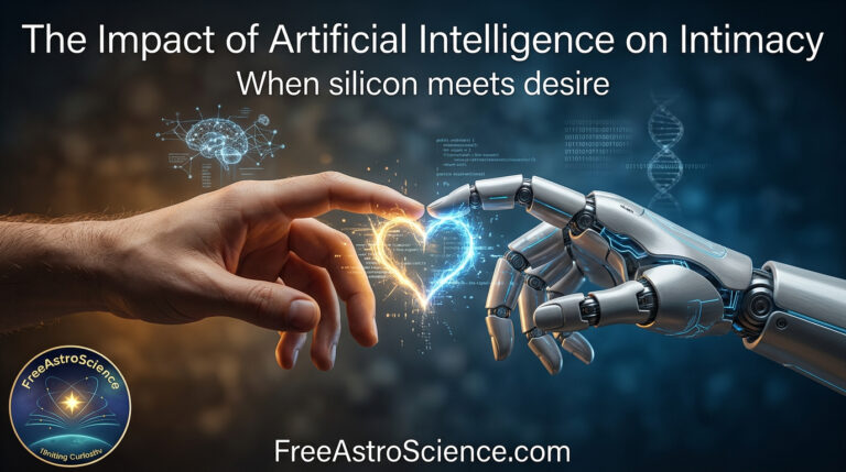 Human hand and AI robotic hand touching with a glowing heart of code, symbolizing the impact of artificial intelligence on intimacy and human relationships.