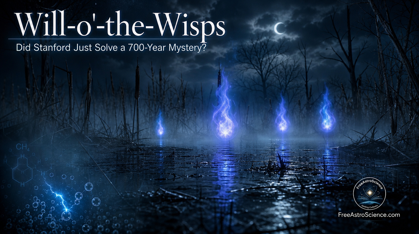 Ghostly blue will-o'-the-wisp flames floating above a moonlit marsh with methane molecule and microlightning spark, illustrating Stanford's 2025 ignition discovery.