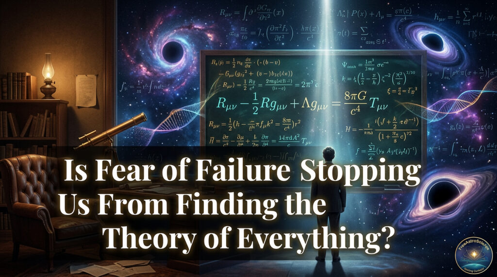 Lone physicist facing a cosmic chalkboard of equations symbolizing the Theory of Everything and fear of failure in physics.
