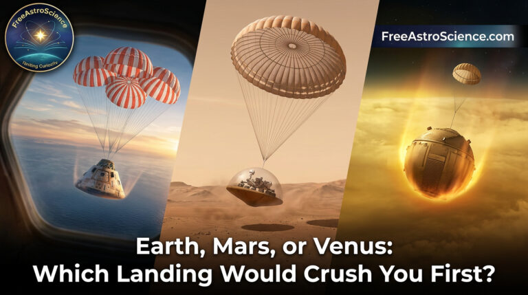 Triptych showing parachute landings on Earth, Mars, and Venus: Apollo capsule, Mars rover, and Venera probe descending.