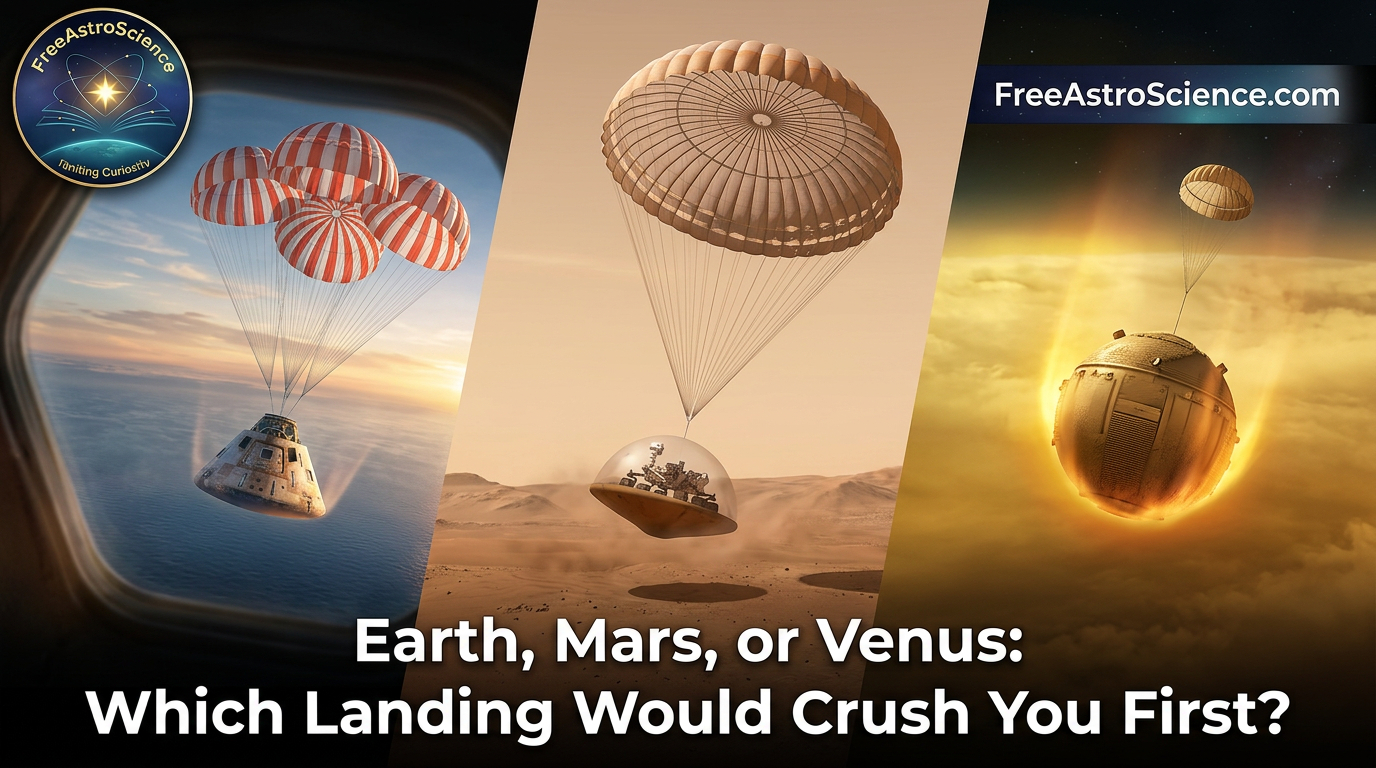 Triptych showing parachute landings on Earth, Mars, and Venus: Apollo capsule, Mars rover, and Venera probe descending.