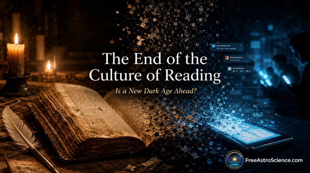 Antique candlelit book dissolves into smartphone pixels and digital notifications, symbolizing the decline of deep reading in the age of screens.