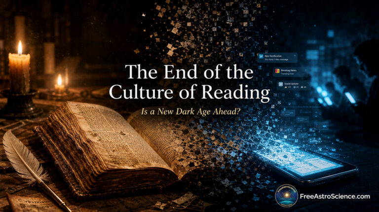 Antique candlelit book dissolves into smartphone pixels and digital notifications, symbolizing the decline of deep reading in the age of screens.