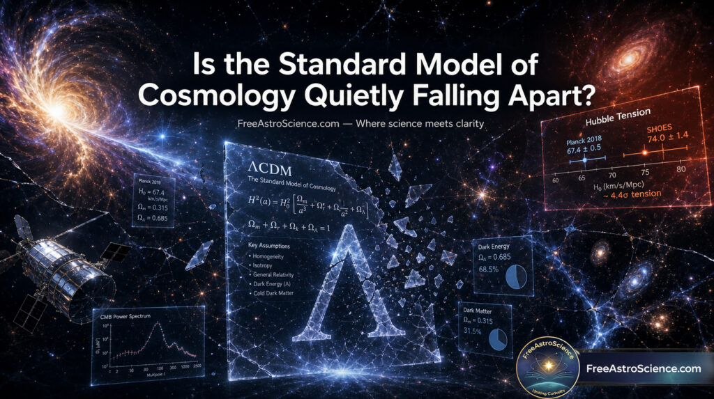 Shattered ΛCDM equation board with Hubble tension chart and cosmic web showing the standard model of cosmology cracking under new physics survey data
