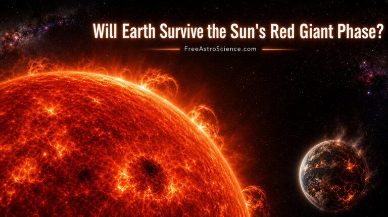 Massive red giant Sun with fiery solar flares expanding toward a scorched Earth, illustrating the Sun's red giant phase and the fate of our planet.
