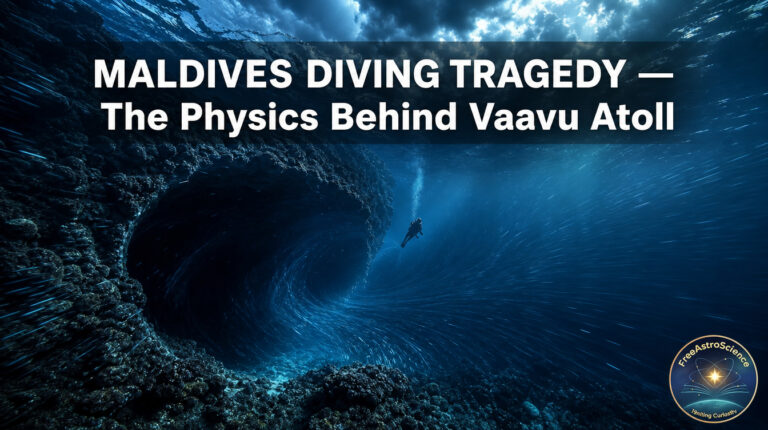 Diver pulled by swirling currents into Vaavu Atoll underwater cave, illustrating the Maldives diving tragedy of May 2026.