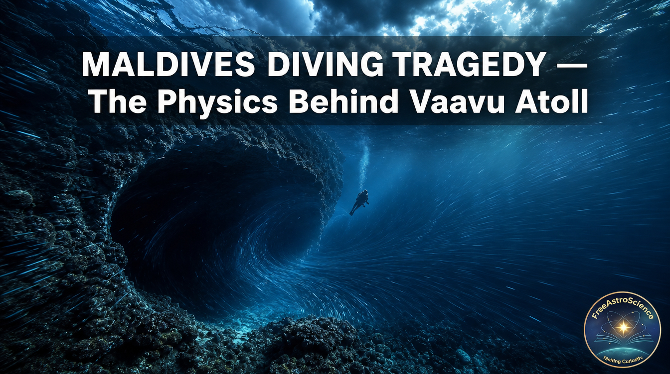 Diver pulled by swirling currents into Vaavu Atoll underwater cave, illustrating the Maldives diving tragedy of May 2026.