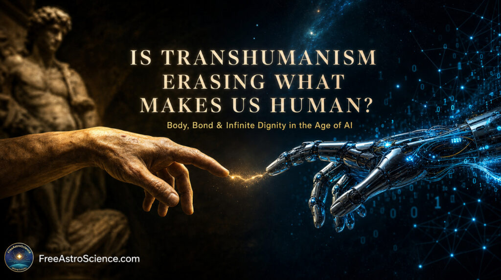 Human hand and chrome cyborg hand almost touching with golden
spark, symbolizing transhumanism versus human dignity.