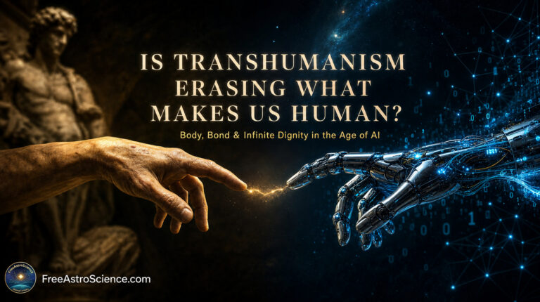 Human hand and chrome cyborg hand almost touching with golden spark, symbolizing transhumanism versus human dignity.