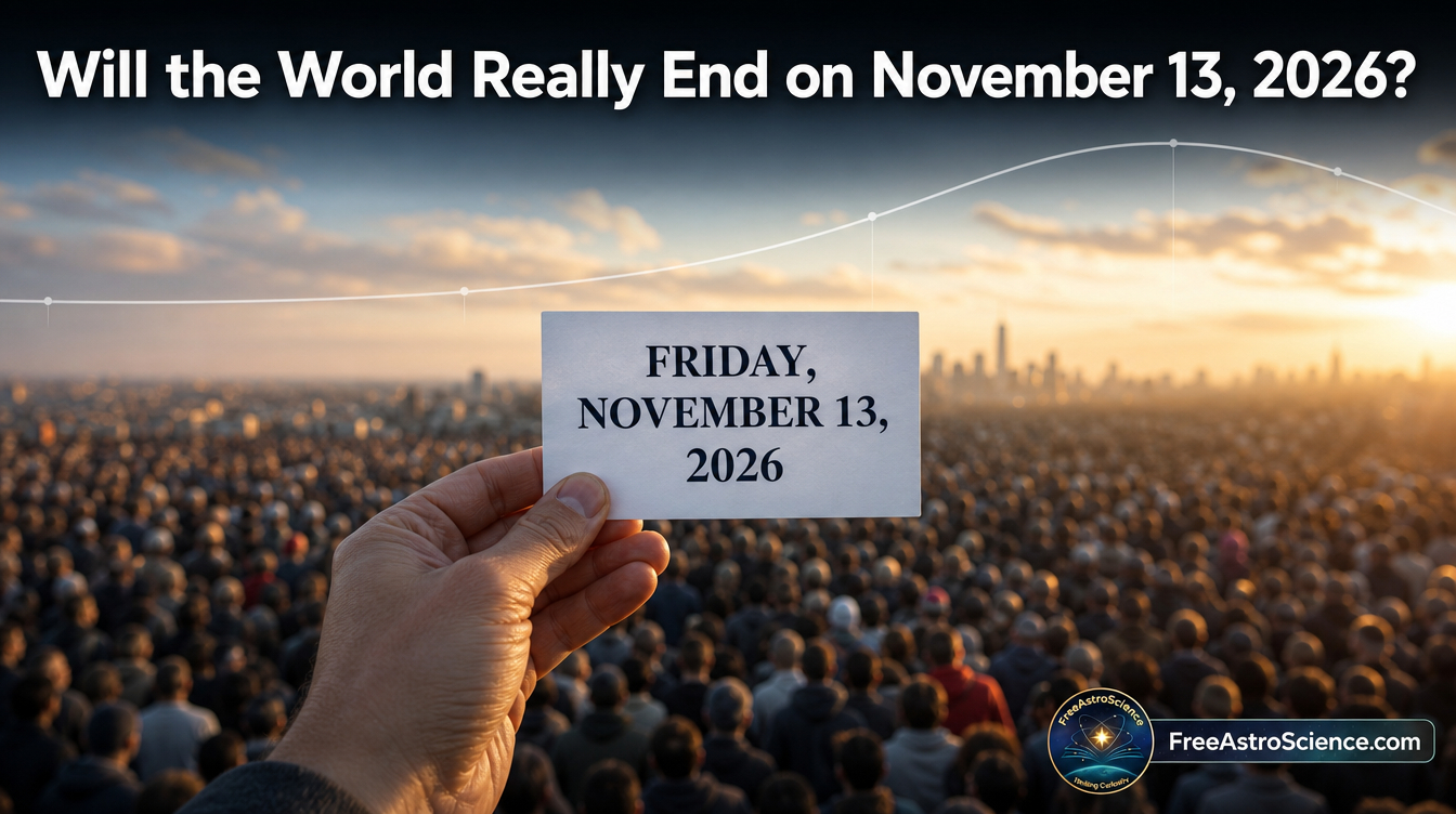 Hand holding a card reading Friday November 13 2026 above a vast crowd, illustrating the viral doomsday 2026 population claim